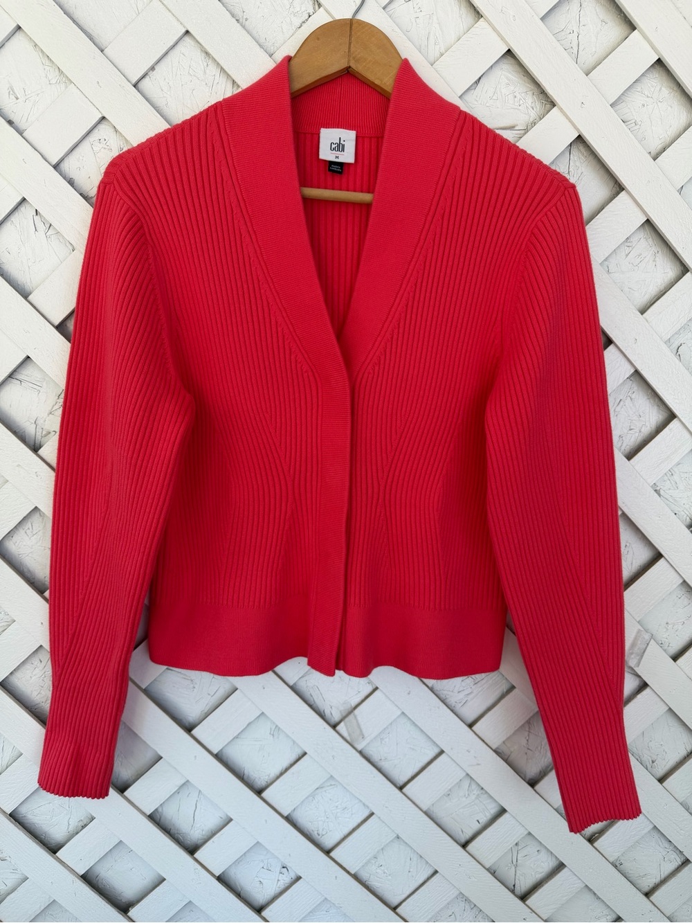 CABI Madame Cardigan Sweater Cinema Pink Ribbed Medium Preppy Coral Stretch